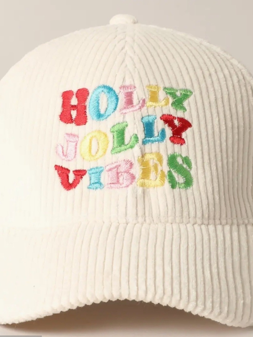 Womens Corduroy Cap with Multicolor 'Holly Jolly Vibes' Embroidery